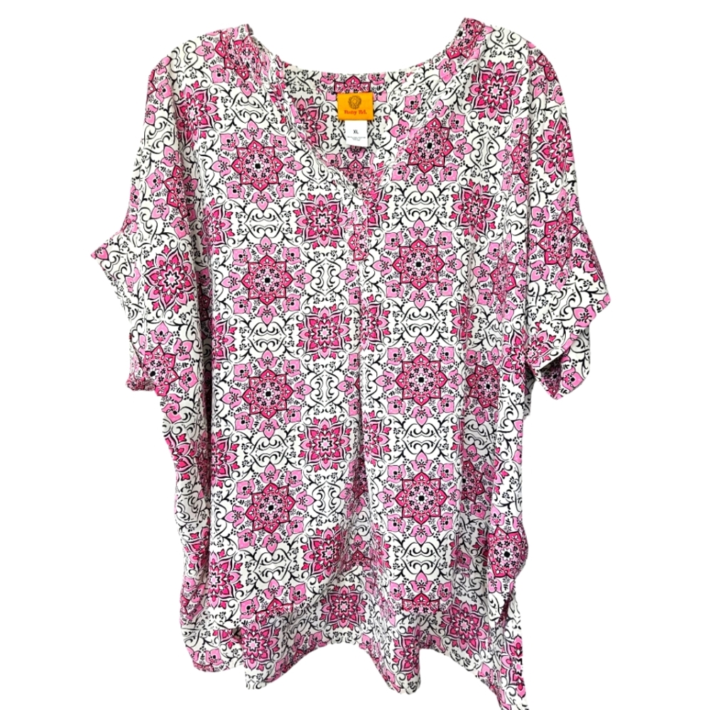 Ruby Red Oh Happy Day Azalmul Pink/White/Black Tile Mix Shortsleeve Top - Picture 3 of 14